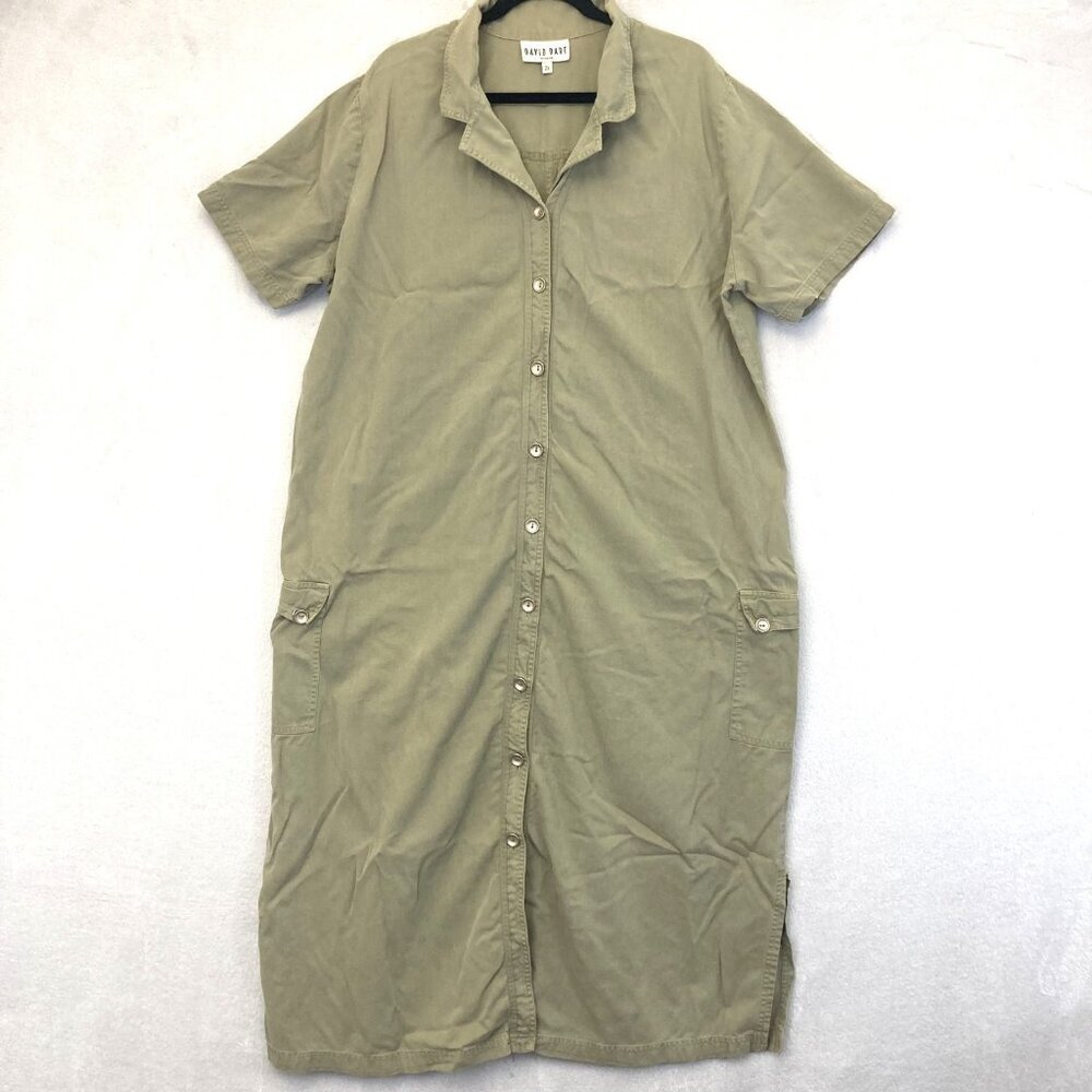 David Dart Button Up Midi Cargo Dress Womens 2X Green Pockets Utility Boiler USA